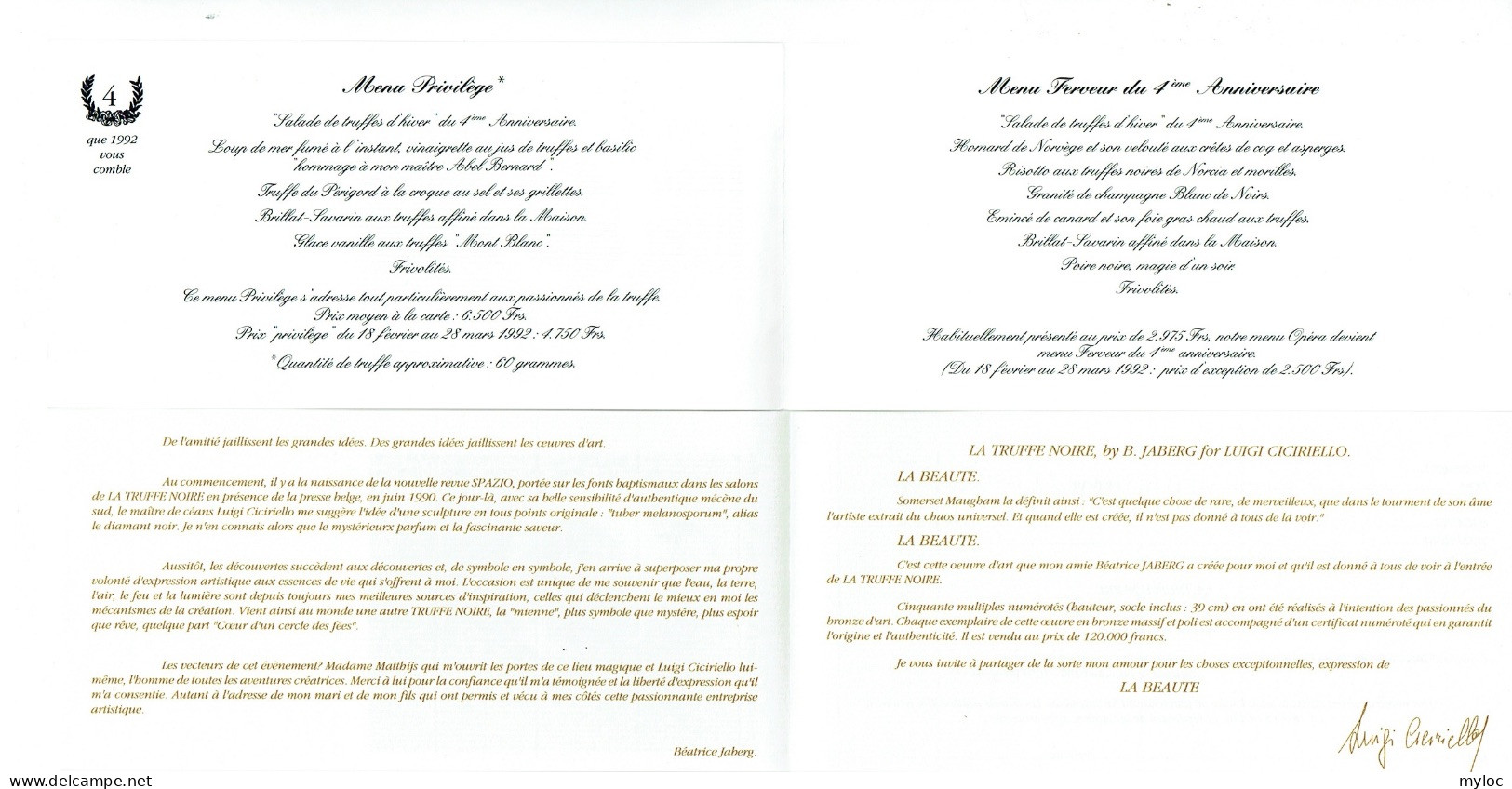 Menu Privilège. Restaurant La Truffe Noire, Bruxelles 1992 + Bulletin De Souscription Pour Achat Sculpture De Jaberg. - Menus