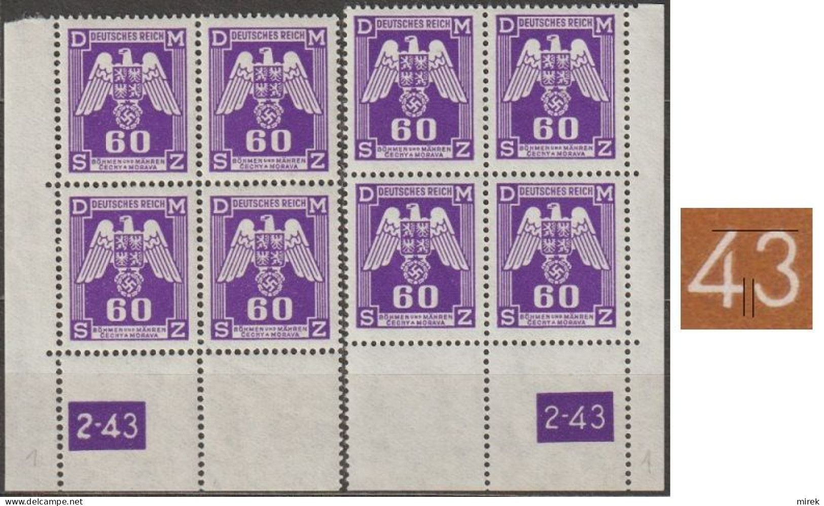 046/ Pof. SL 16, Corner 4-blocks, Plate Number 2-43, Type 1, Var. 1 - Unused Stamps