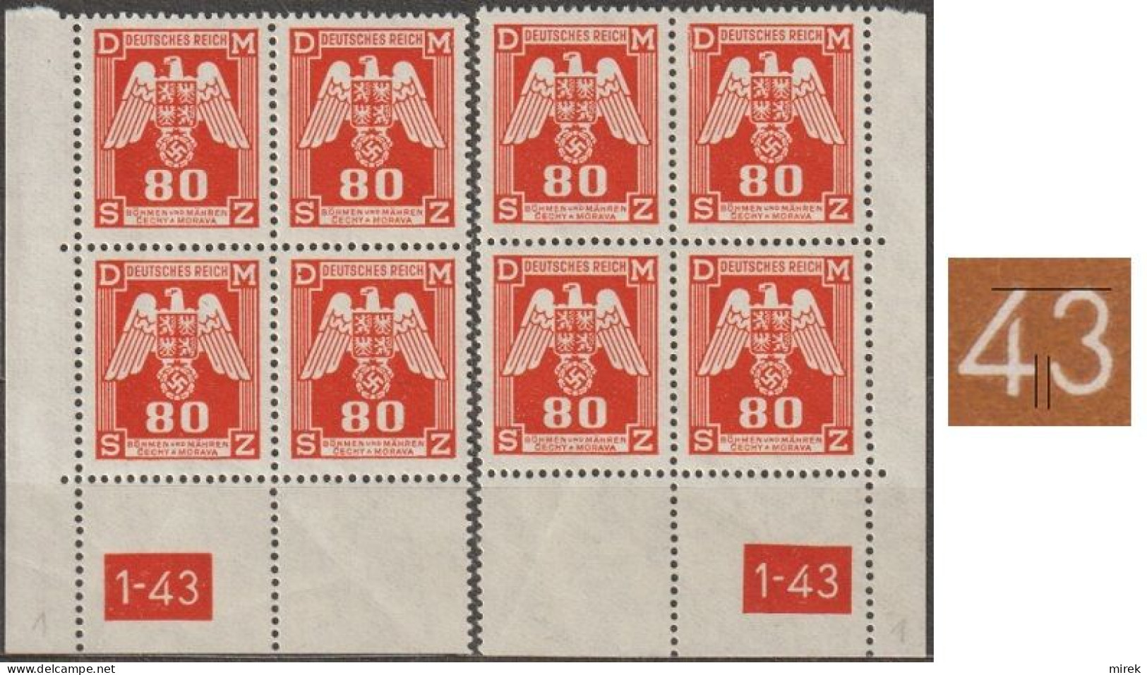 047/ Pof. SL 17, Corner 4-blocks, Plate Number 1-43, Type 1, Var. 1 - Unused Stamps