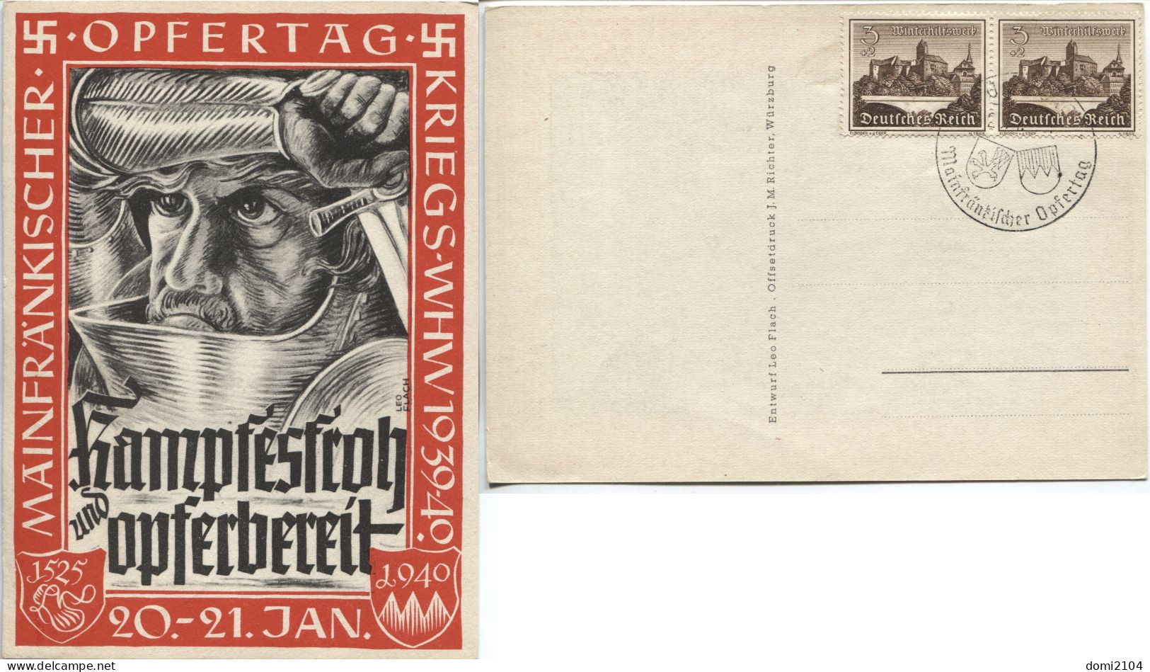 Deutsches Reich Würzburg Mainfränkischer Opfertag Sonderstempel 20.1.40 Sonderkarte - Lettres & Documents