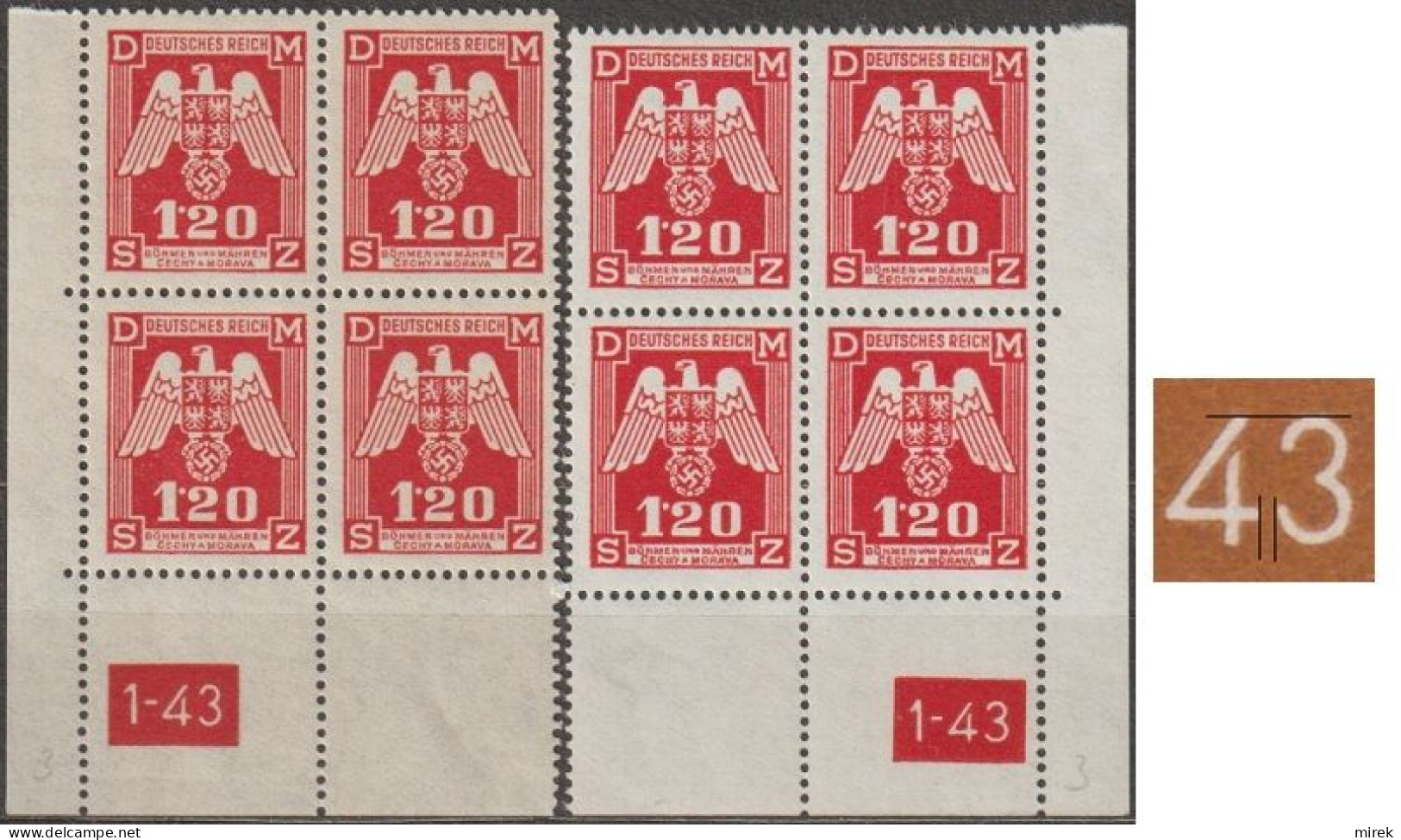 049/ Pof. SL 19, Corner 4-blocks, Plate Number 1-43, Type 1, Var. 3 - Unused Stamps