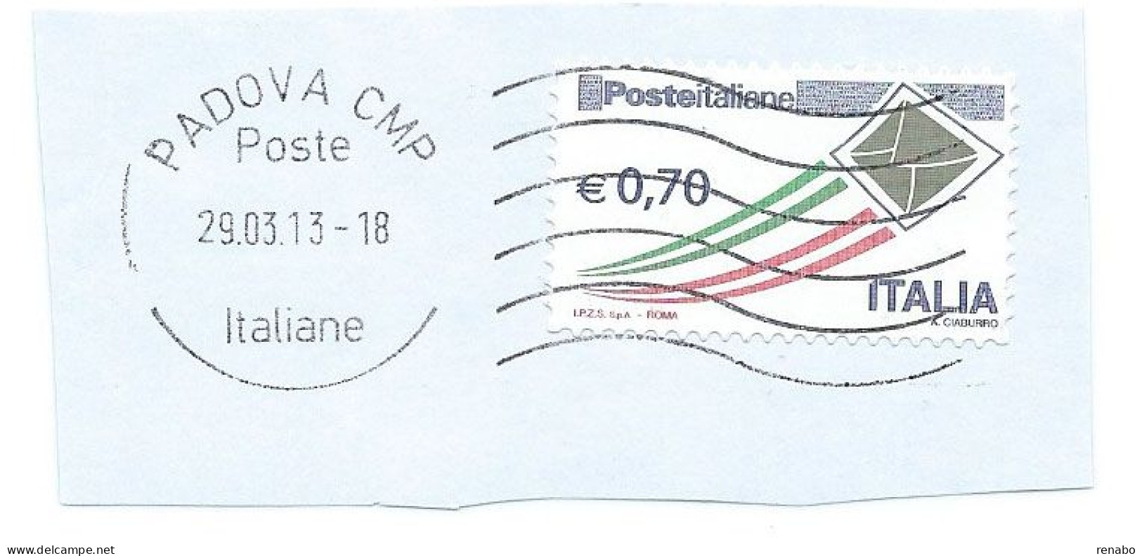 Italia 2013 ; Posta Italiana , Serie Ordinaria ; € 0,70 Su Frammento Con La Data : Anno Di Emissione; Usato - 2011-20: Gebraucht