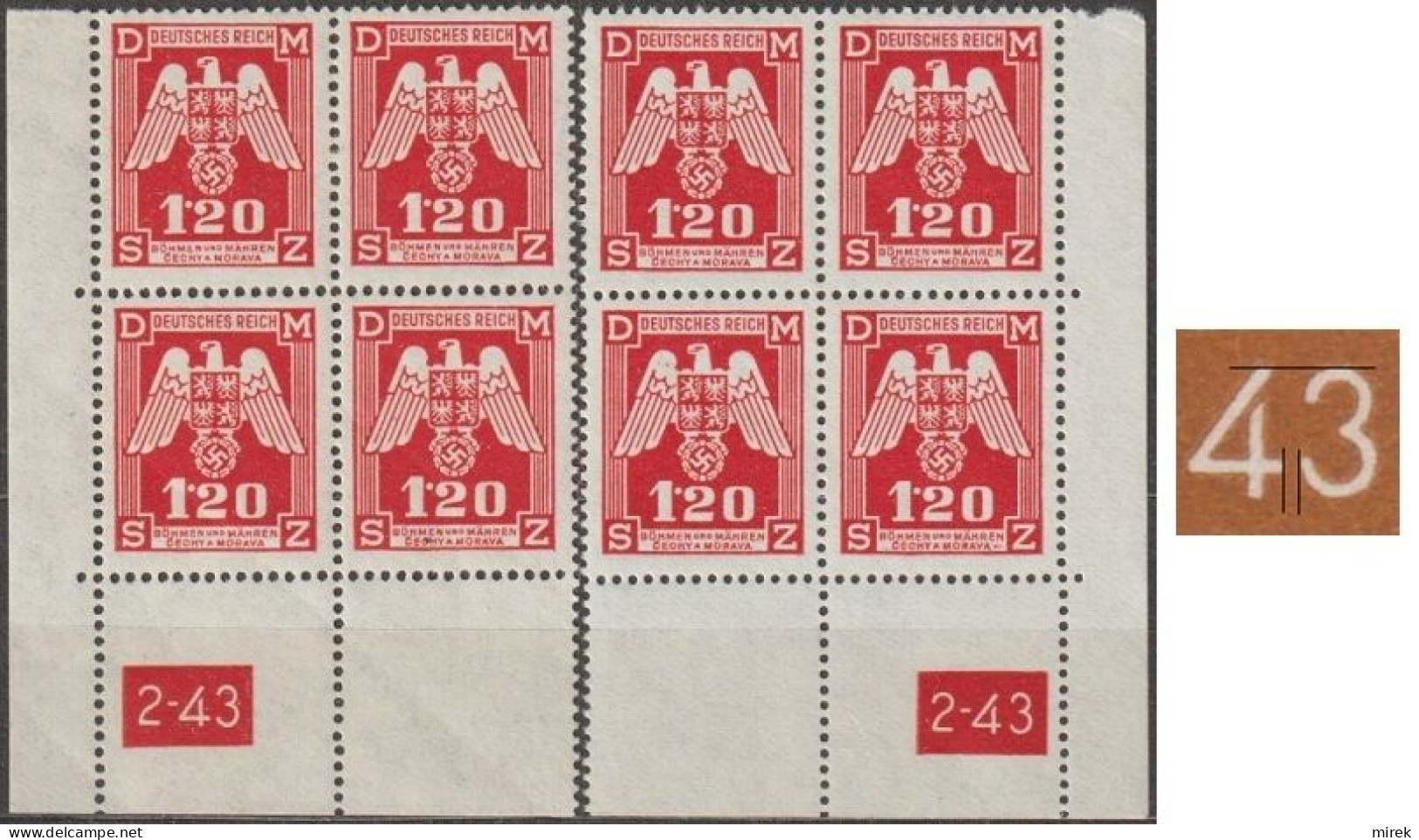 050/ Pof. SL 19, Corner 4-blocks, Plate Number 2-43, Type 1, Var. 1 - Unused Stamps