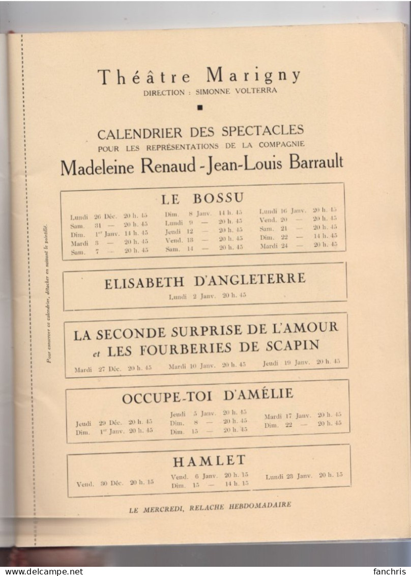 Programme Du Programme Du Théatre Marigny 1949 -Madeleine Renaud- Jean-Louis Barrault - Programmes