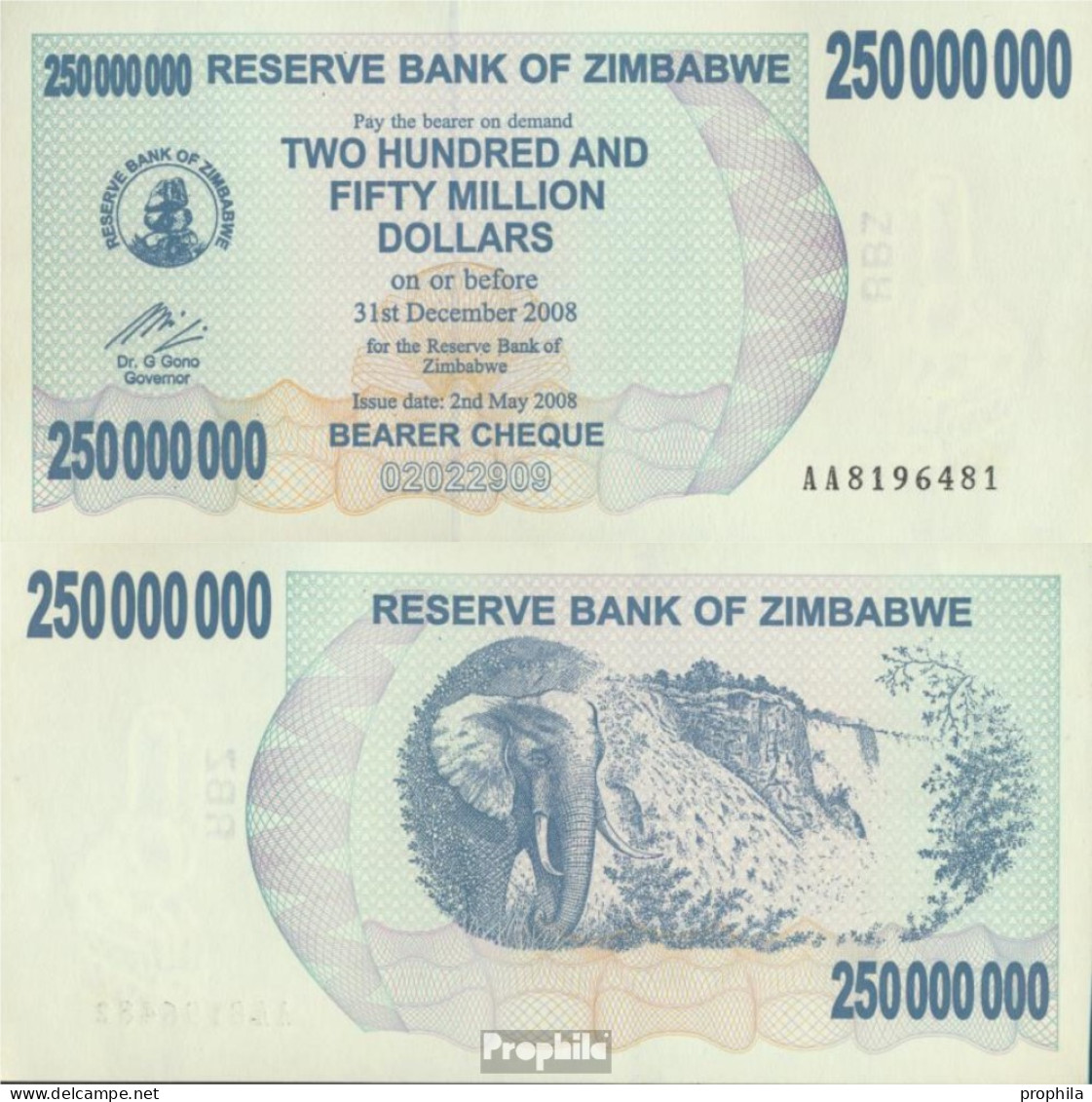 Simbabwe Pick-Nr: 59 Bankfrisch 2008 250 Mio. Dollars - Zimbabwe