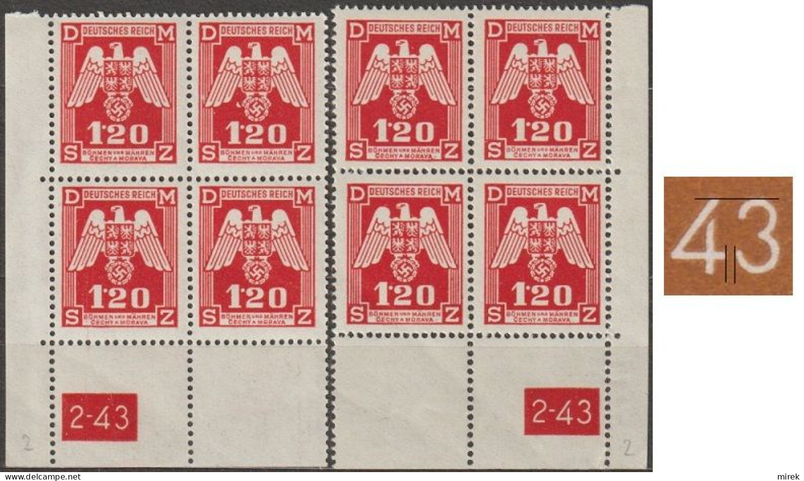 051/ Pof. SL 19, Corner 4-blocks, Plate Number 2-43, Type 1, Var. 2 - Unused Stamps