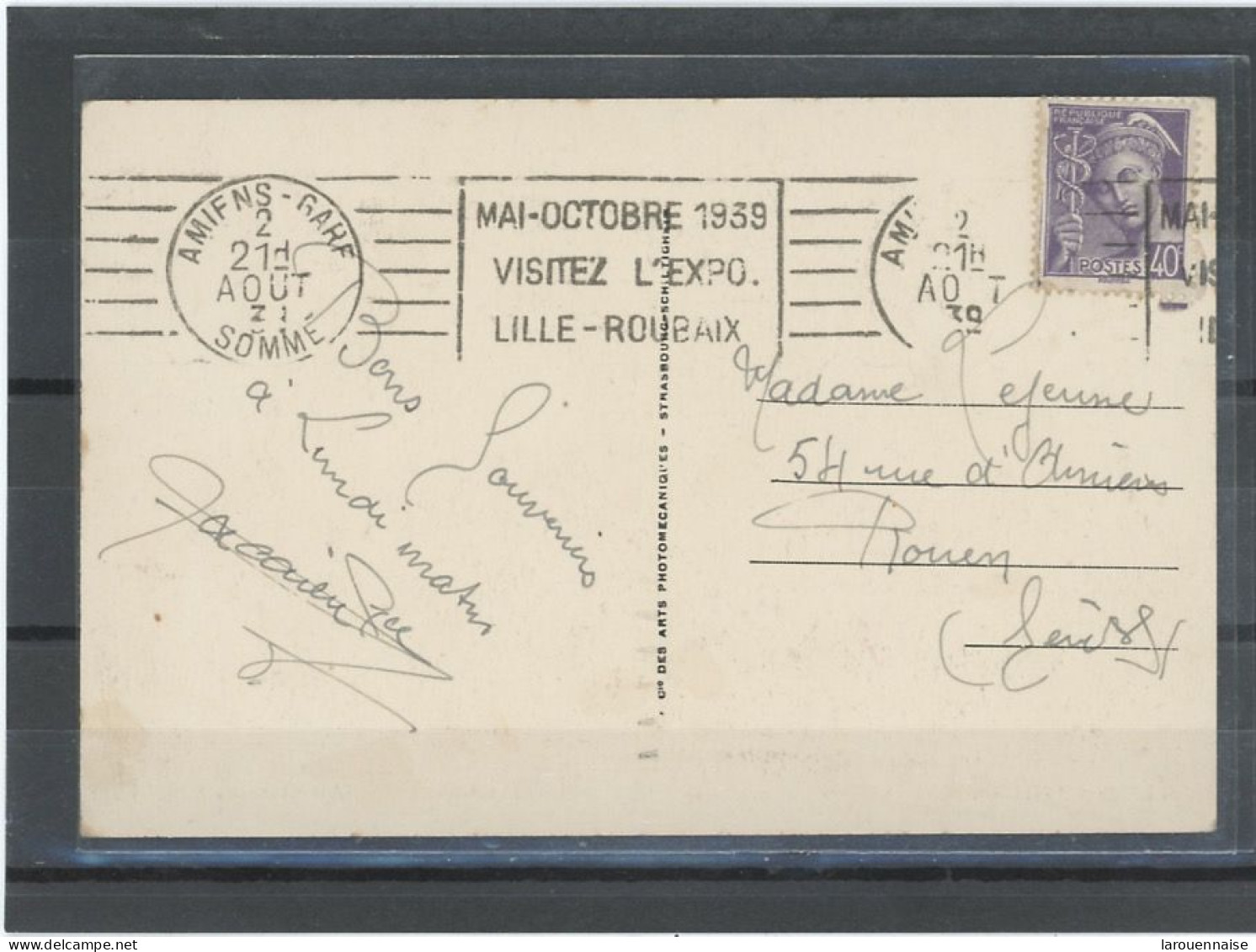 80 -AMIENS -GARE  -OBLITERATION MECANIQUE N°413 /CP-Obl R.B.V MAI-OCTOBRE 1939 /VISITEZ L'EXPO /LILLE - ROUBAIX - Mechanical Postmarks (Advertisement)