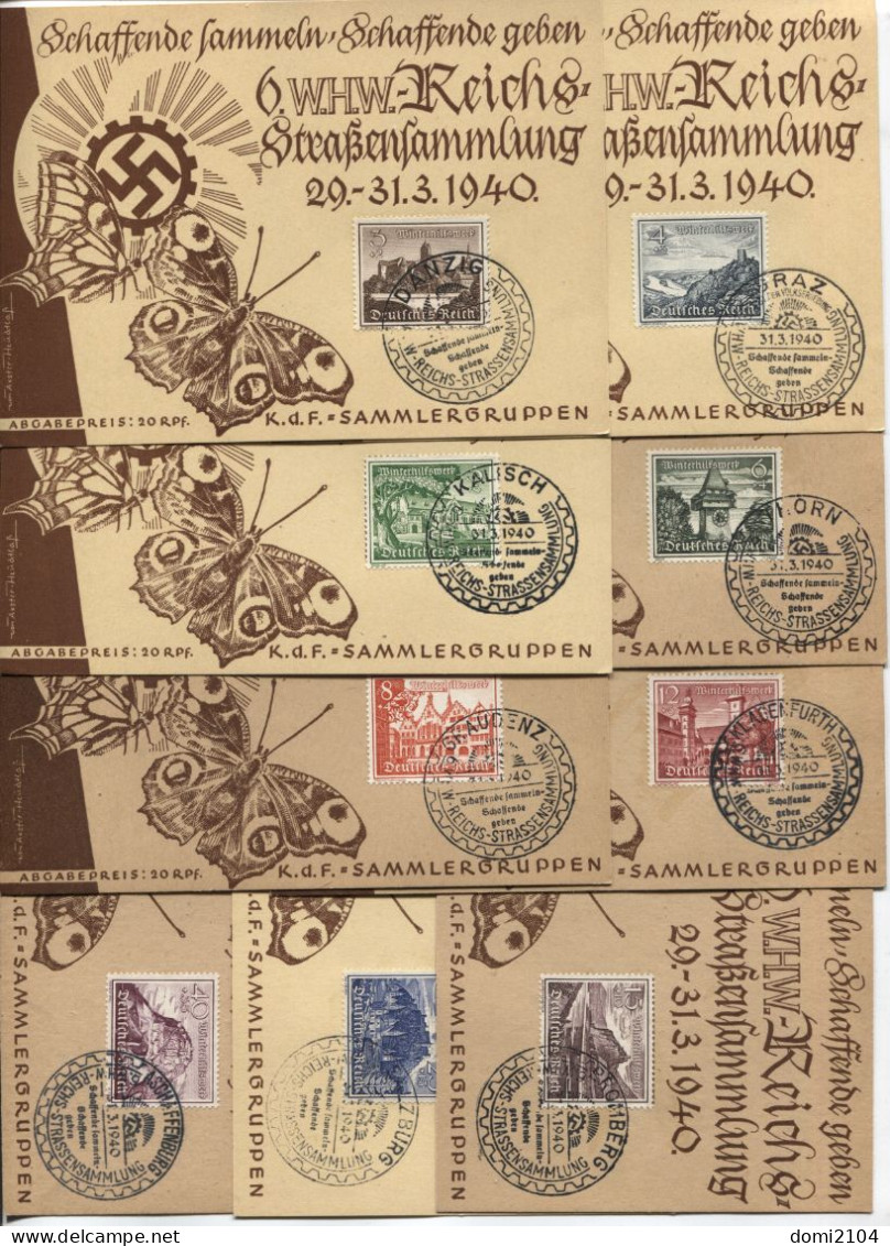 Deutsches Reich # 730-8 KdF-Sonderkarten 9 Stück WHW-Straßensammlung Sonderstempel 31.3.40 - Covers & Documents