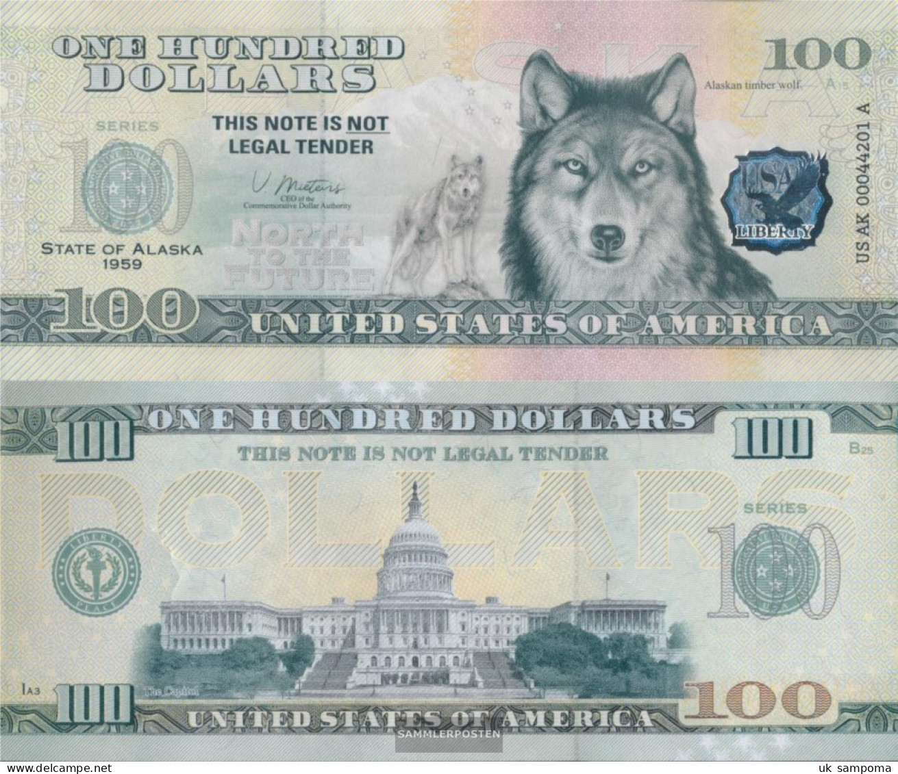 U.S. 100 Dollars Souvenirschein U.S. Uncirculated 2022 US State Alaska Wolf - Billets De La Federal Reserve (1928-...)