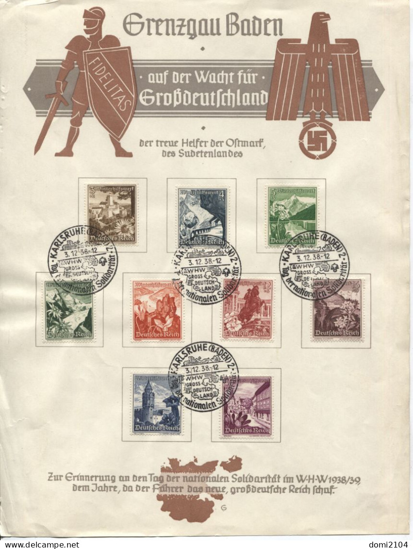 Deutsches Reich # 675-83 Gedenkblatt Sonderstempel Karlsruhe 3.12.38 Grenzgau Baden - Lettres & Documents