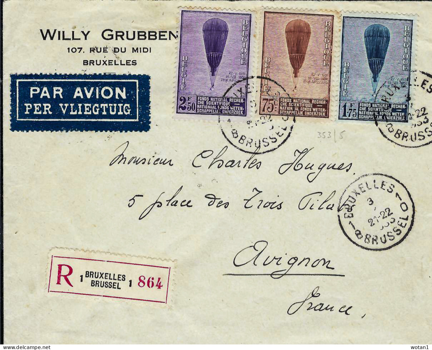 BELGIQUE - T.P. 353/5 S/ Lettre Recommandée Par Avion De BRUXELLES 3-5-1933 à AVIGNON (5-5-33) - Covers & Documents