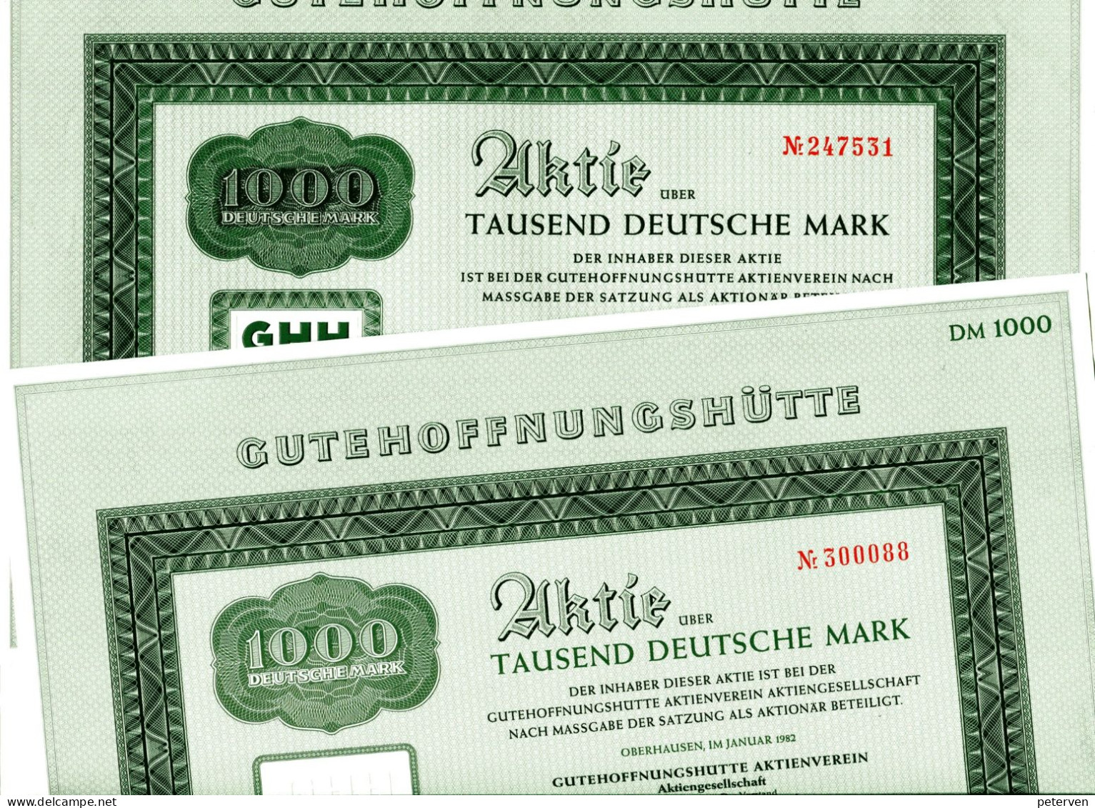Zwei Aktien Der GUTEHOFFNUNGSHÜTTE über 1000 Deutsche Mark - Industrie