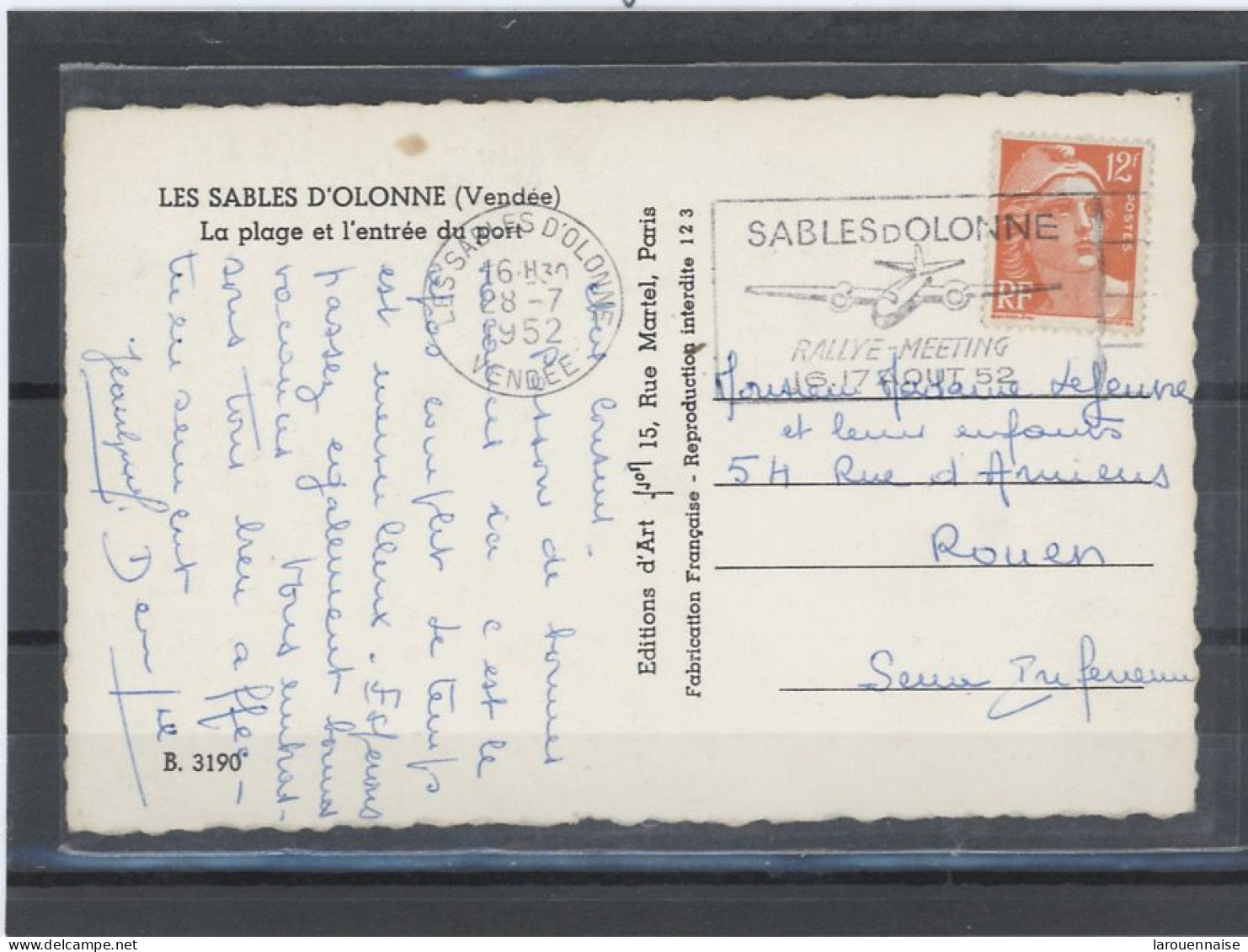 85 -LES SABLES D'OLONNE -OBLITERATION MECANIQUE N°885 /CP-Obl SECAP -SABLES D'OLONNE /RALLYE-MEETING /16-17 AOUT 52 - Mechanical Postmarks (Advertisement)