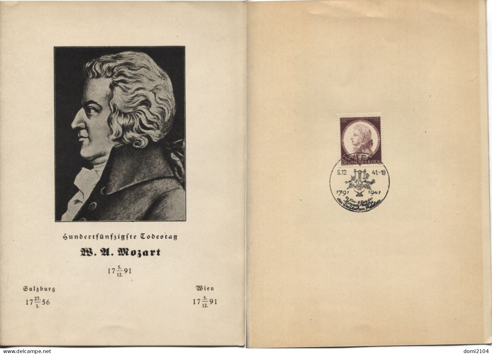 Deutsches Reich # 810 Wolfgang Amadeus Mozart Gedenkfaltblatt Sonderstempel Wien 5.12.41 - Brieven En Documenten