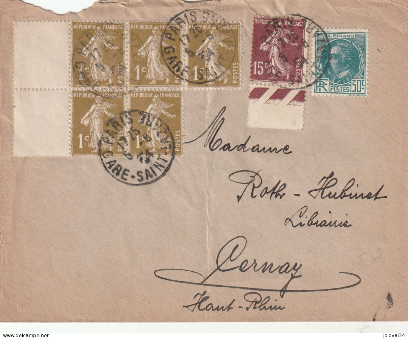 Yvert 291 Briand +  277A Bloc De 5 Semeuse + 189 Lettre Paris Gare St Lazare 5/8/1934 Pour Cernay Haut Rhin - 1921-1960: Période Moderne