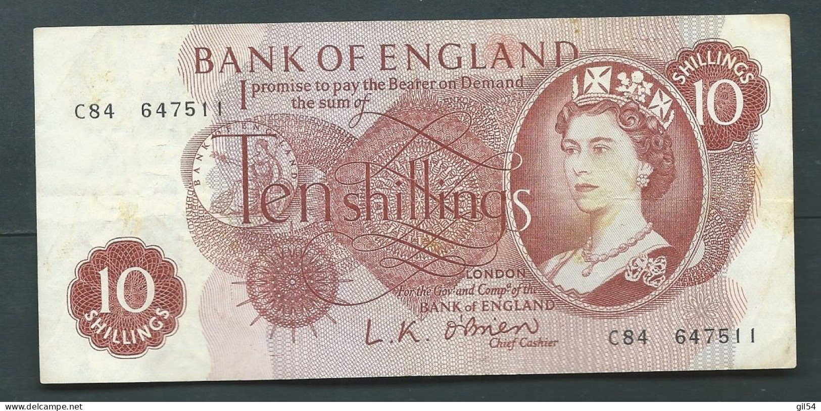 Angleterre -  ( Numizon = 373, B179a Émis  17.03.1960 -signature   L. K. O’Brien.  --C84 647511 --  Laura14323 - 10 Shillings