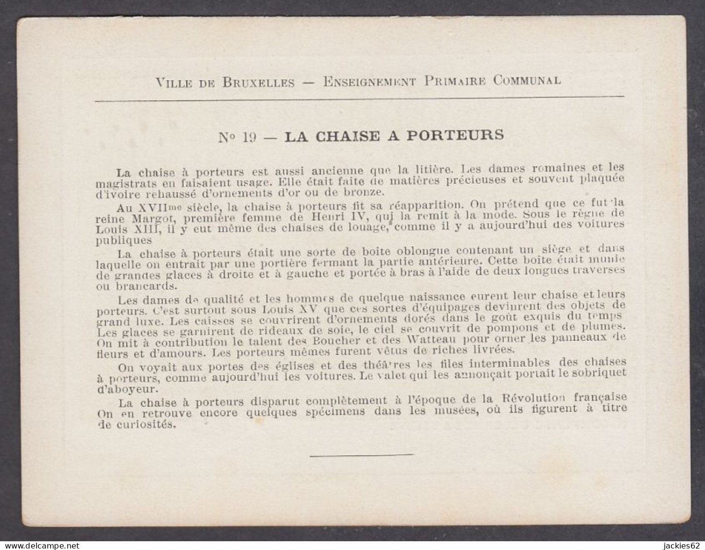 130141/ Ville De Bruxelles, Ens. Primaire Communal, Récompense N°19, *La Chaise à Porteurs* - Autres & Non Classés