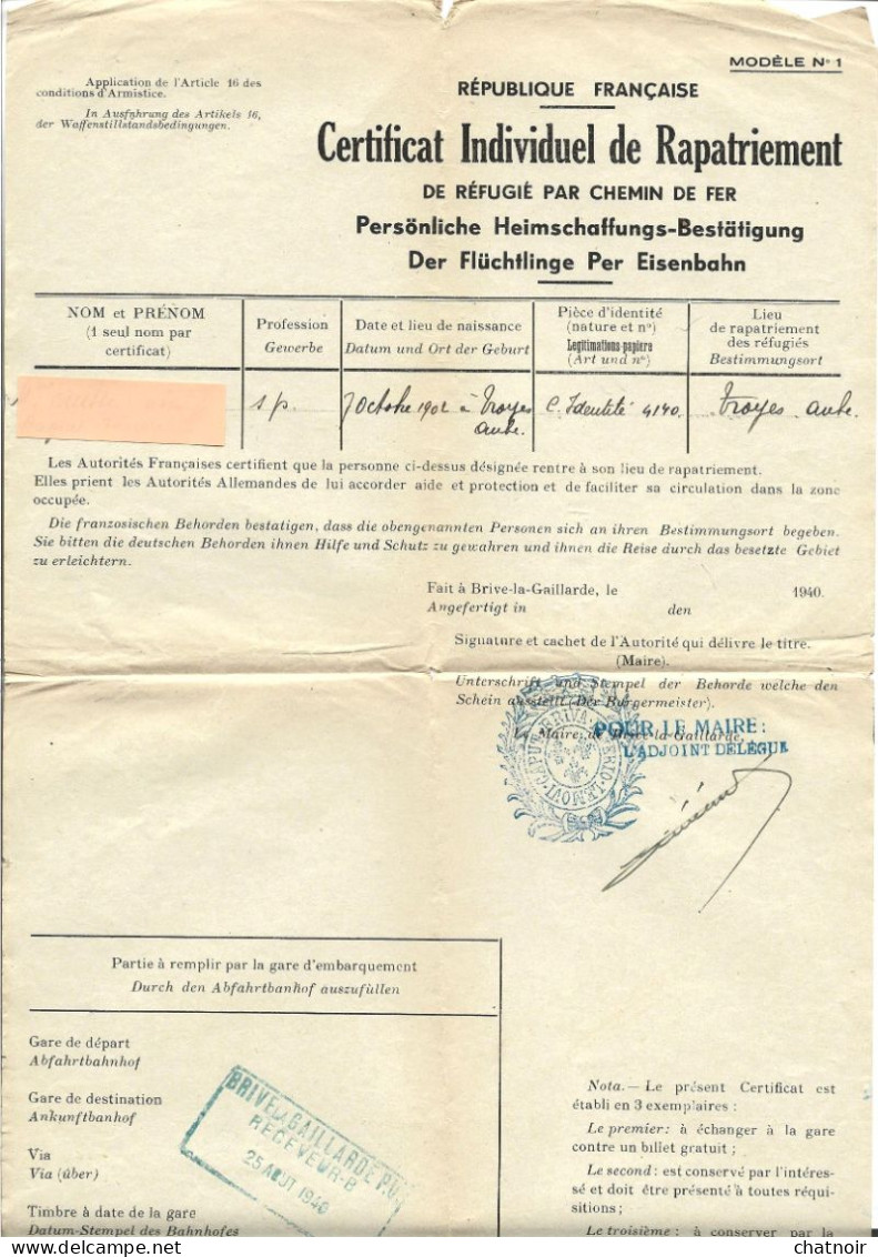 Certificat Individuel De Rapatriement De Réfugié Par Chemin De Fer  BRIVE LA GAILLARDE  1940 - 1939-45
