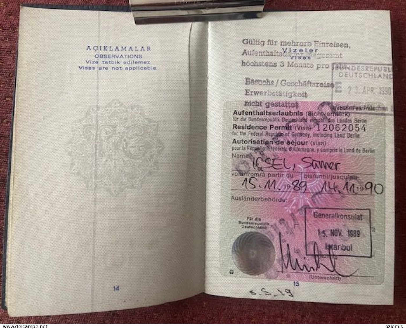 PASSPORT  PASSEPORT, 1989 ,USED,DEUTSCHLAND,SUISSE,FRANCE,JORDAN,ESPANA,MAGYAR,VİSA AND FISCAL - Sammlungen