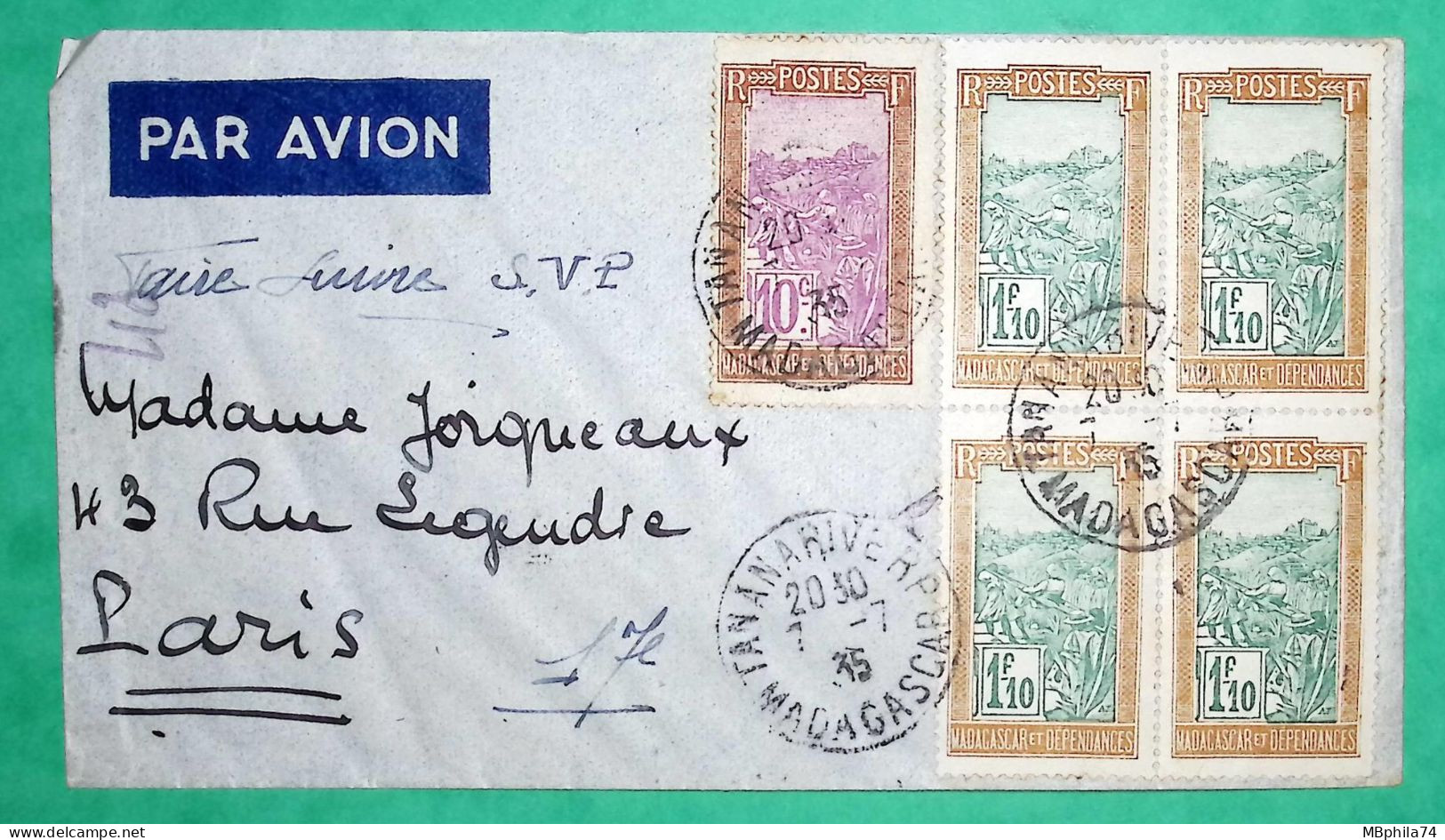 LETTRE PAR AVION TANANARIVE MADAGASCAR POUR PARIS 1935 LETTRE COVER FRANCE - Poste Aérienne