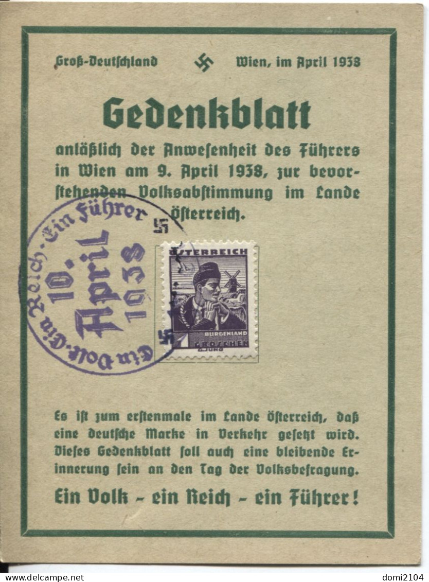 Deutsches Reich/Österreich Gedenkblatt Zur Volksabstimmung Sonderstempel 10.April 1938 - Brieven En Documenten