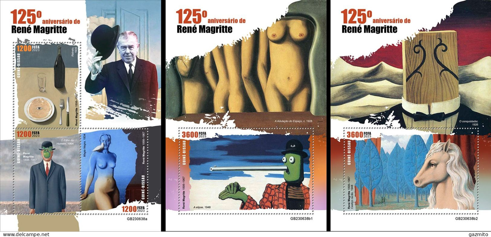 Guinea Bissau 2023, Art, Magritte, 3val In BF +2BF - Guinea-Bissau