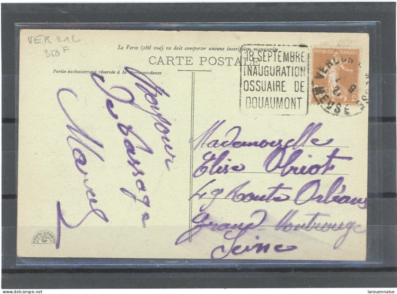 55 -VERDUN -OBLITERATION MECANIQUE N°235 /CP-Obl DAGUIN -18 SEPTEMBRE /INAUGURATION /OSSUAIRE DE /DOUAUMONT - Mechanical Postmarks (Other)