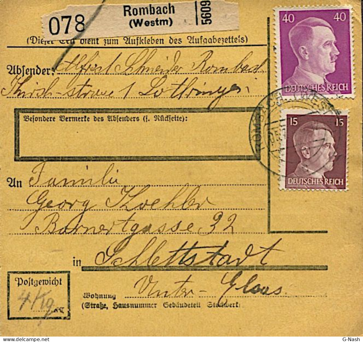 Récipissé De Colis Postal De Rombas (Moselle) Vers L'Alsace - Affranchissement Composé - 7 Juillet 1943 - Guerre De 1939-45