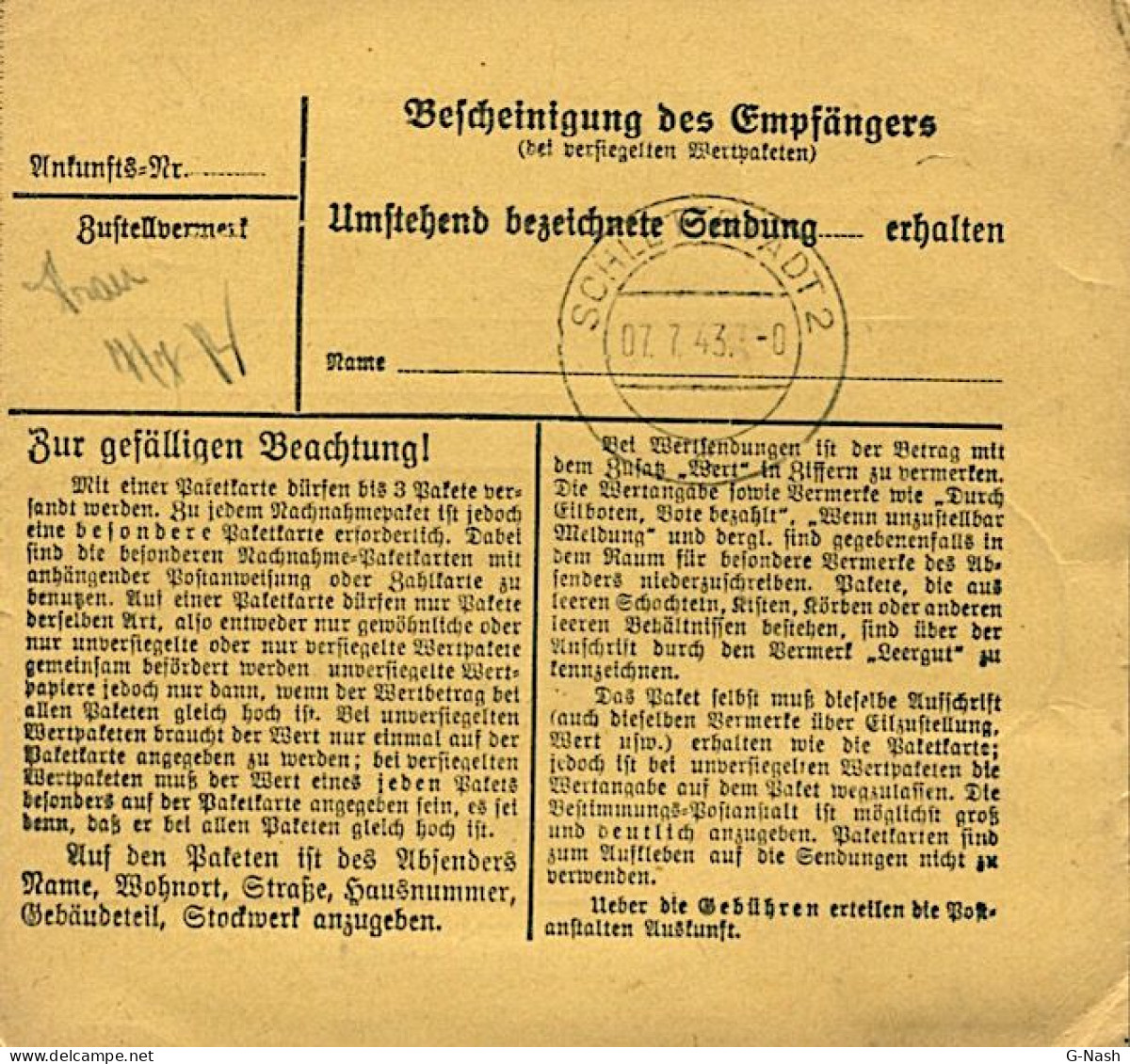 Récipissé De Colis Postal De Rombas (Moselle) Vers L'Alsace - Affranchissement Composé - 7 Juillet 1943 - Guerre De 1939-45