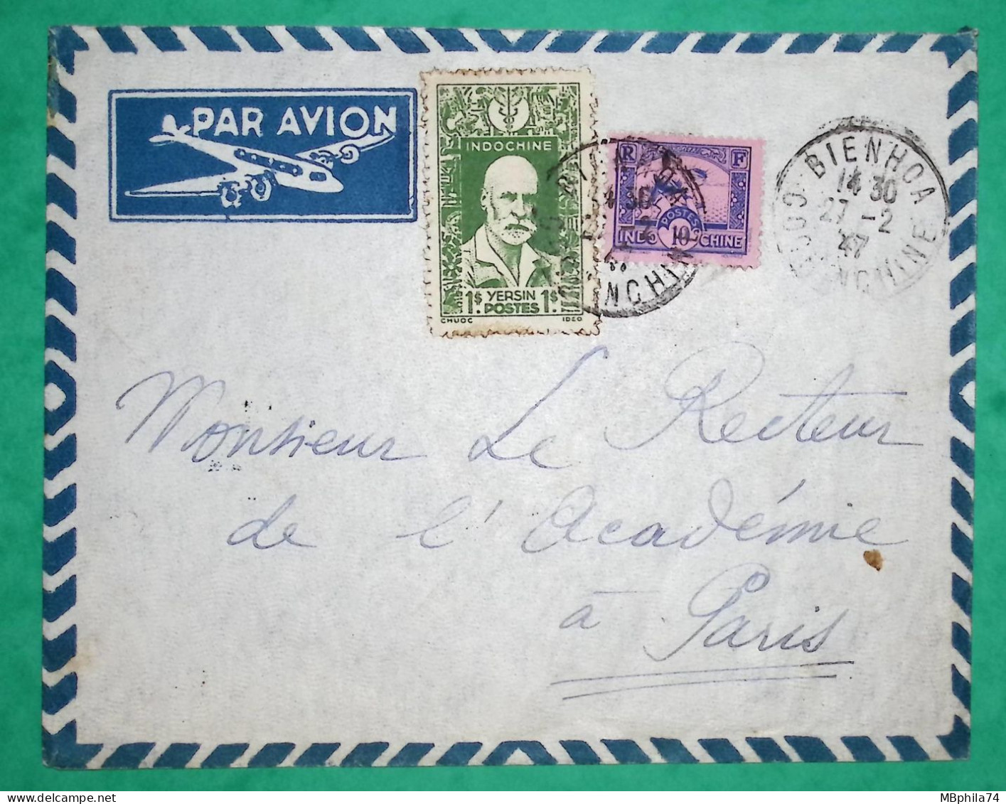 LETTRE PAR AVION BIENHOA COCHINCHINE 1$ YERSIN INDOCHINE + 10C POUR PARIS 1947 COVER FRANCE - Lettres & Documents
