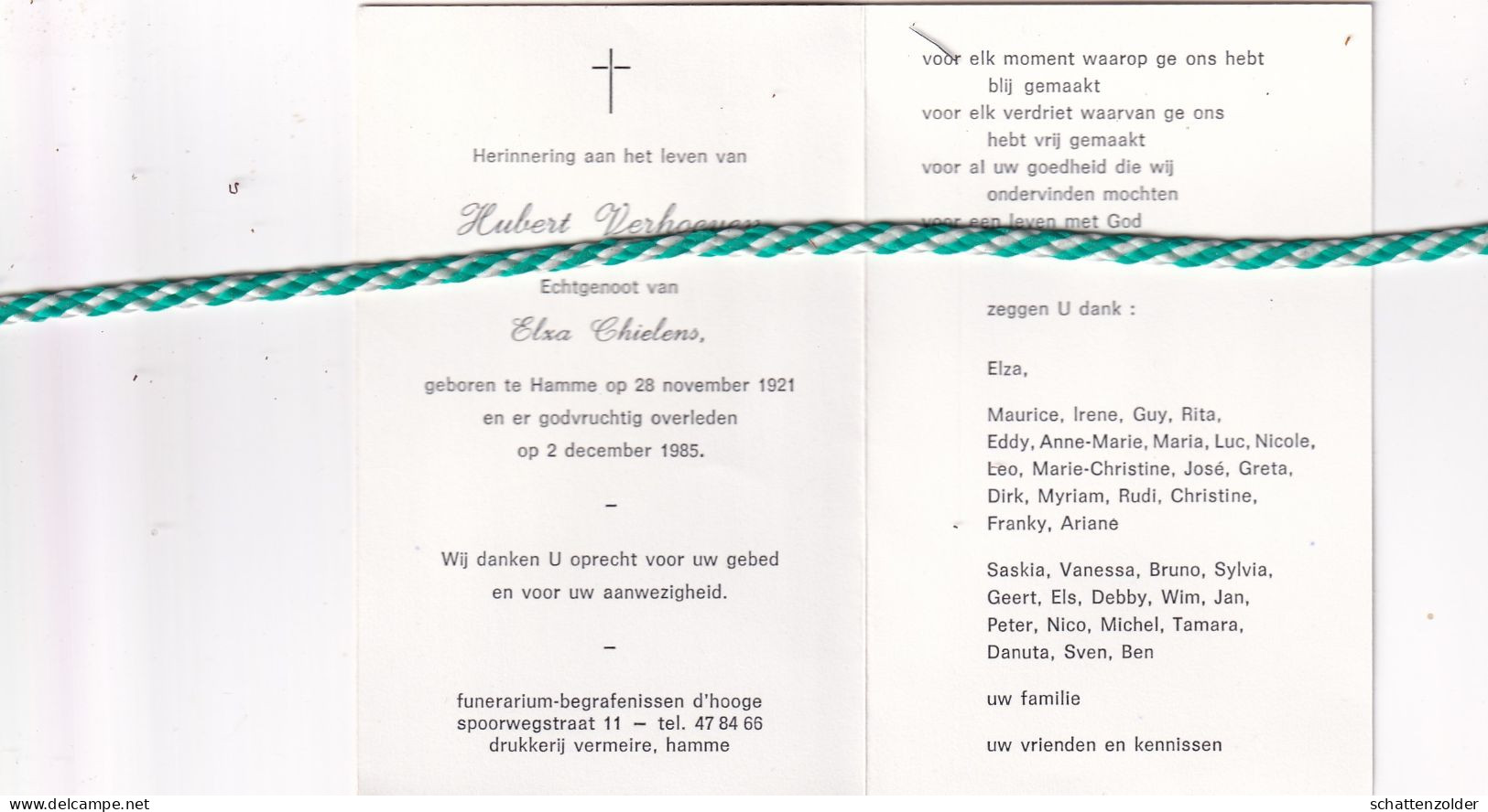 Hubert Verhoeven-Chielens, Hamme 1921, 1985 - Obituary Notices