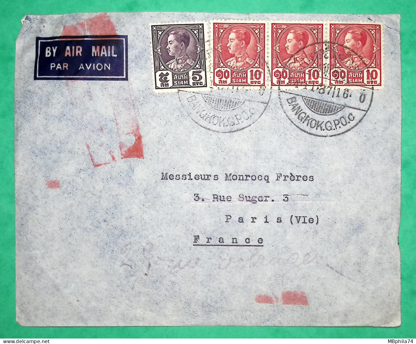 LETTRE PAR AVION AIR MAIL SIAM BANGKOK POUR PARIS FRANCE 1937 COVER - Siam