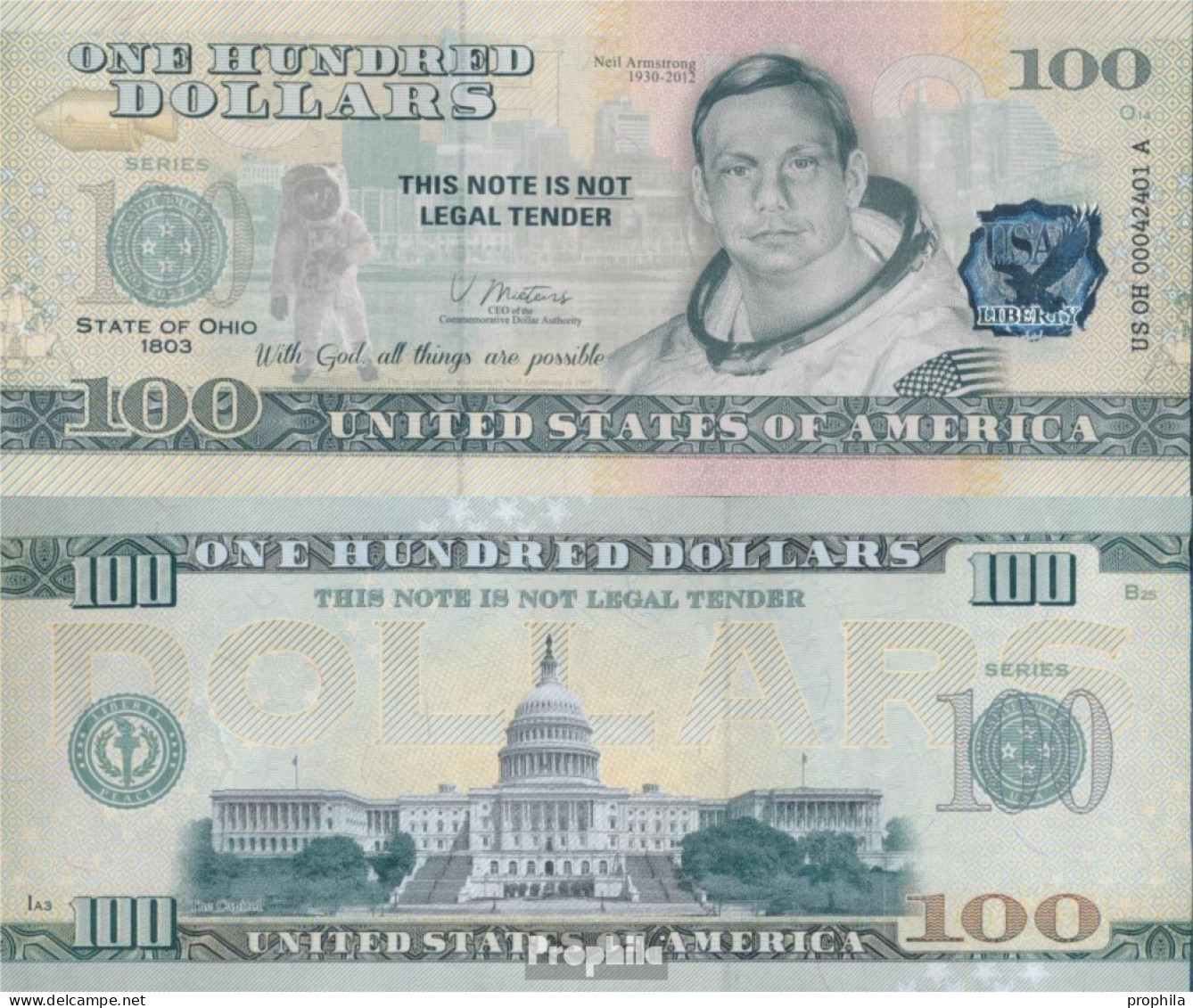 USA 100 Dollars Souvenirschein USA Bankfrisch 2022 US State Ohio Astronaut - Federal Reserve Notes (1928-...)
