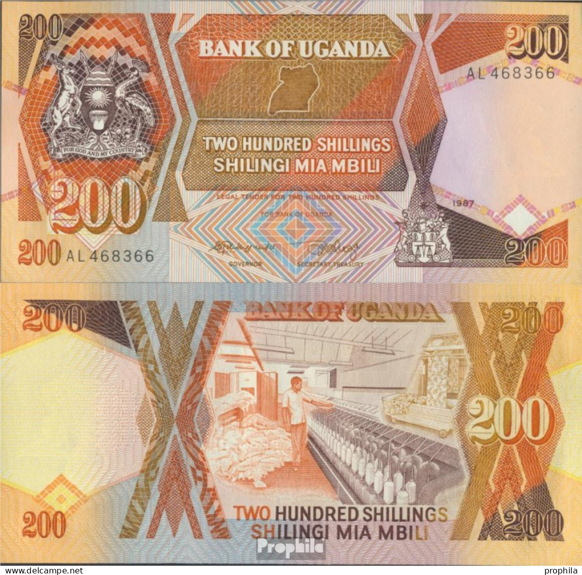Uganda Pick-Nr: 32a Bankfrisch 1987 200 Shillings - Ouganda
