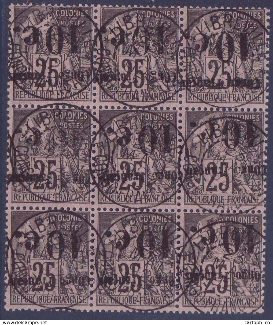 Congo N°6 10c Sur 25 Bloc De 9 Variete Surcharge Renversïee Oblitere Libreville 23 Mai 1892  SUP - Used Stamps