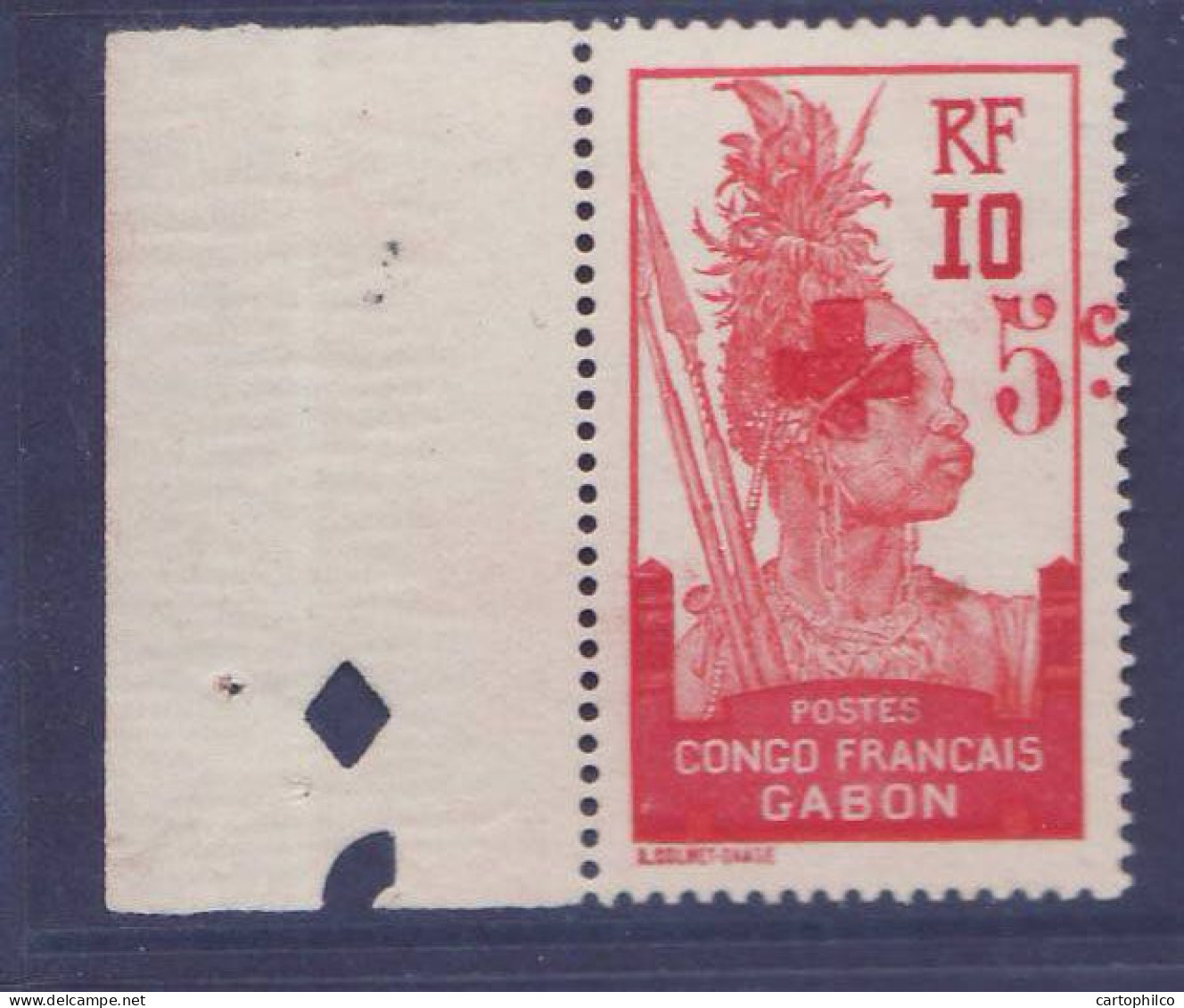 Gabon Guerrier Nï¿½ 78d ** Surch Croix Rouge Variete Croix Brisï¿½e Bord De Feuille Signï¿½  - Neufs