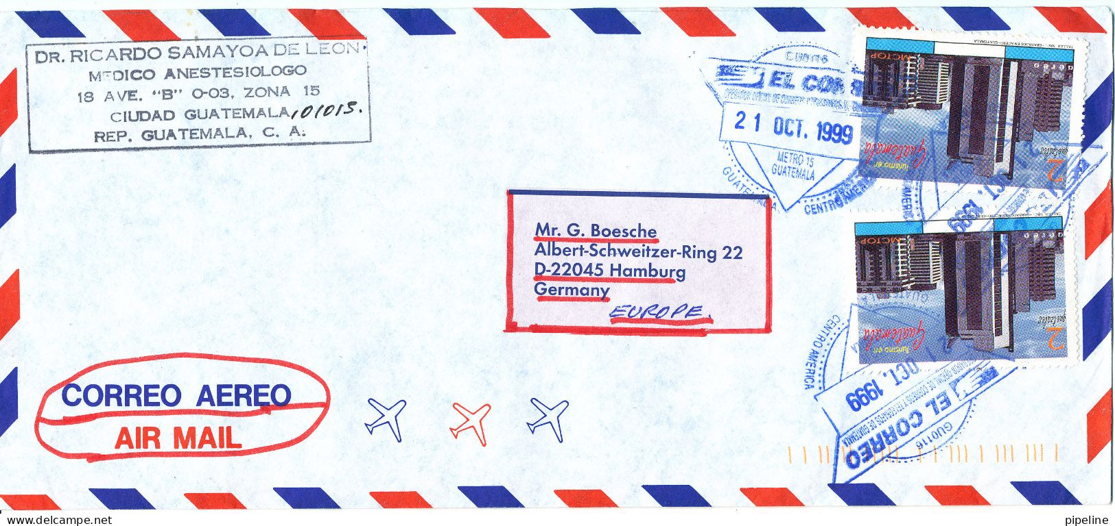 Guatemala Air Mail Cover Sent To Germany 21-10-1999 - Guatemala