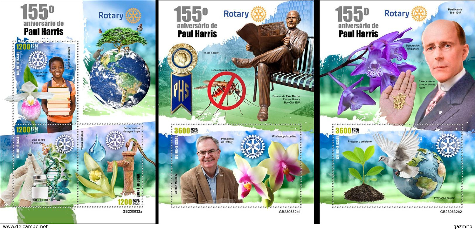 Guinea Bissau 2023, Rotary, Harris, Orchids, 3val In BF +2BF - Rotary, Lions Club