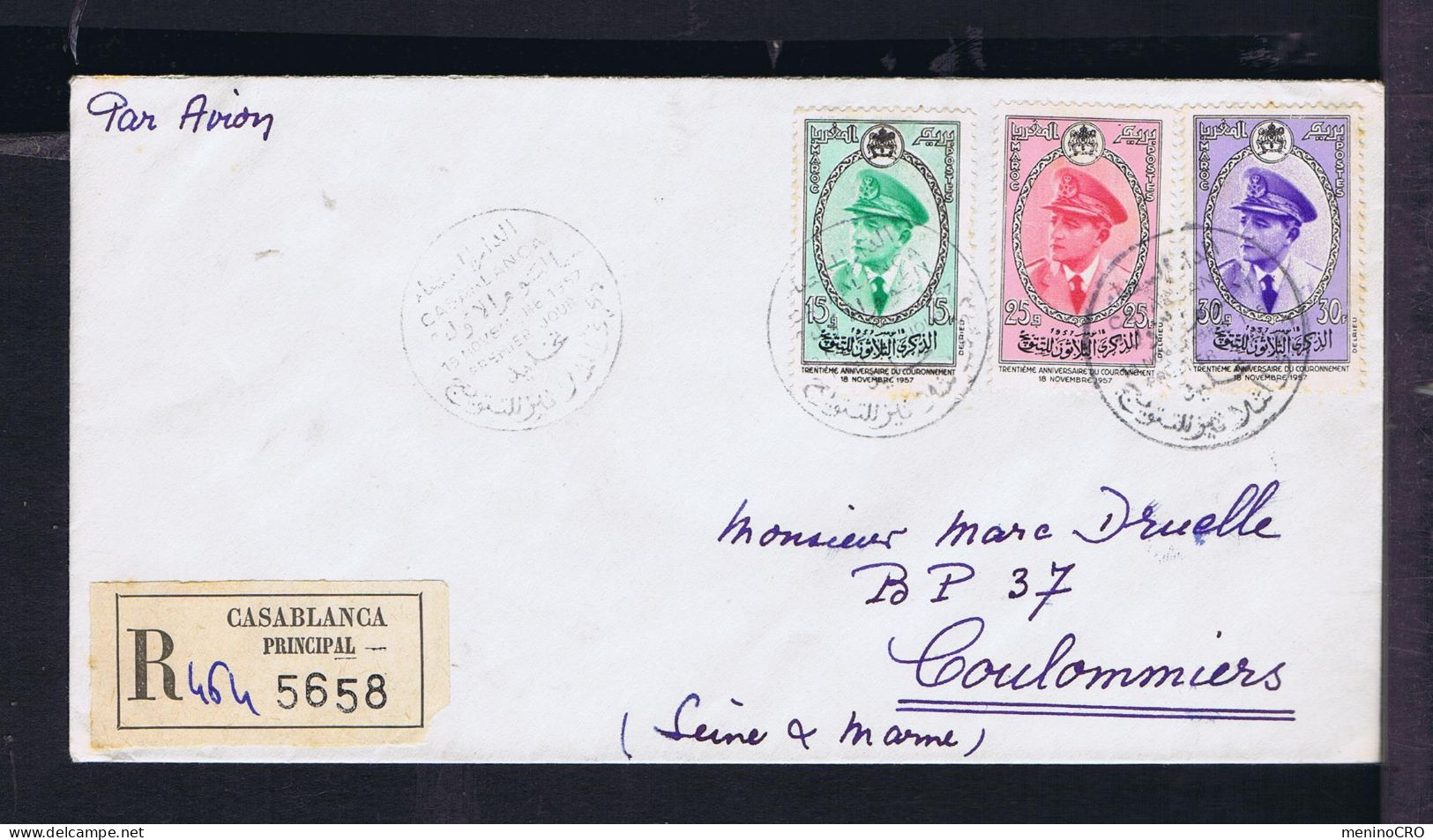 Gc8597 MAROC "30th Ann. Couronnement" King 18-XI-1957 Fdc Mailed Casablanca »Coulommieres  FR - Andere & Zonder Classificatie