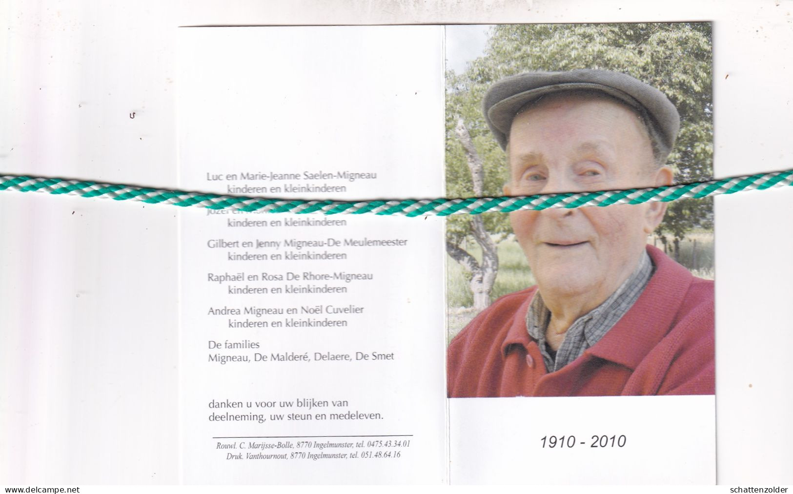 Andries Arthur Jeroom Migneau-De Malderé, Ingelmunster 1910, 2010. Honderdjarige. Foto - Obituary Notices
