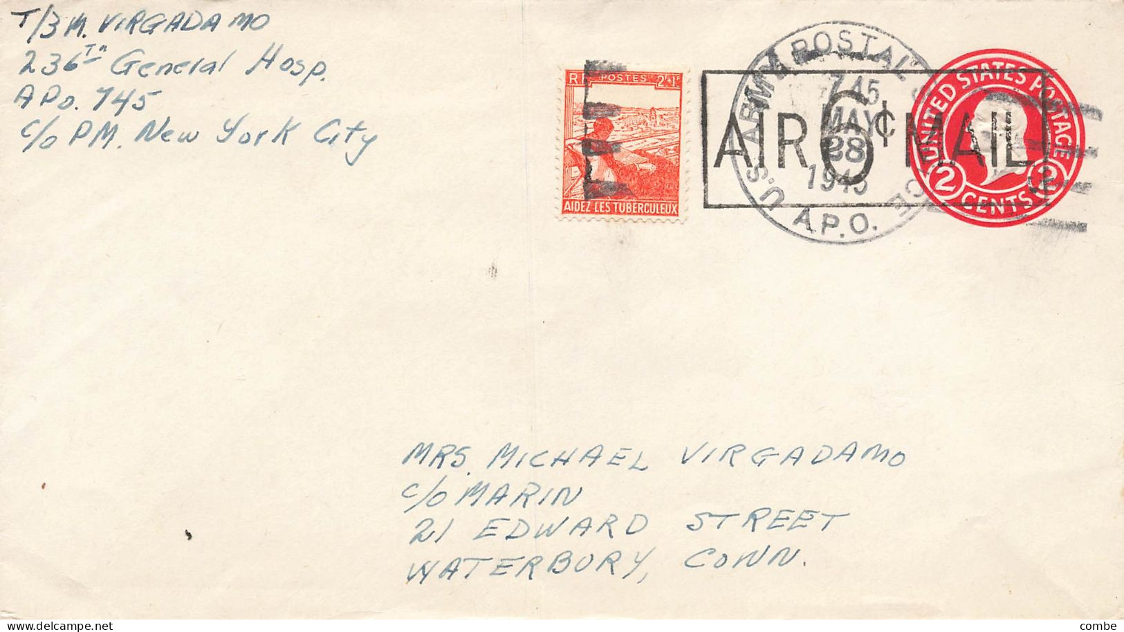 LETTRE. 28 MAY 1945. AFFRANCHISSEMENT. MIXTE. FRANCE-USA. APO 745. - WW II