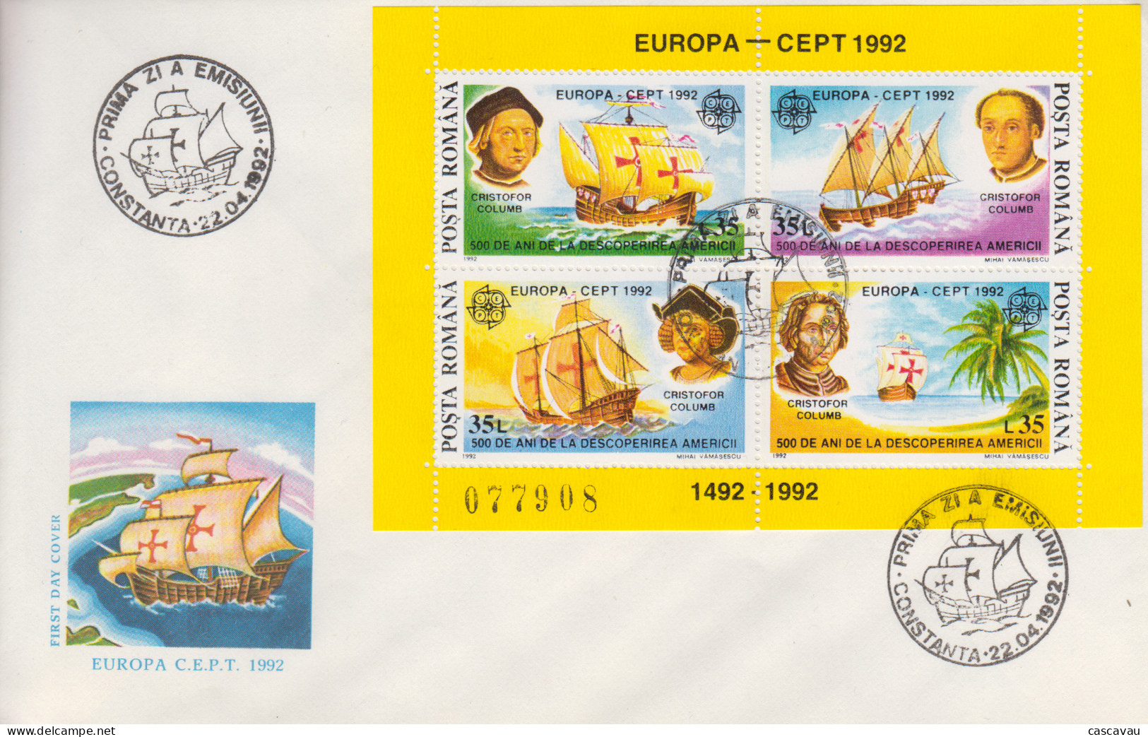 Enveloppe  FDC  1er  Jour   ROUMANIE  Bloc Feuillet  Découverte  De  L' Amérique  Par  Christophe  COLOMB   EUROPA  1992 - 1992