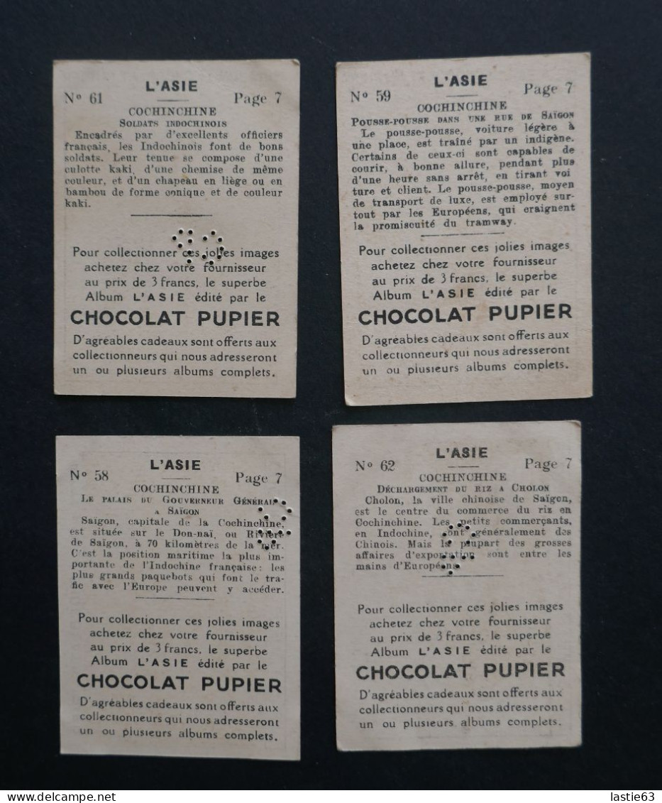 Lot 4 Images Chocolat Pupier. Album Asie 1938.  COCHINCHINE - Sonstige & Ohne Zuordnung