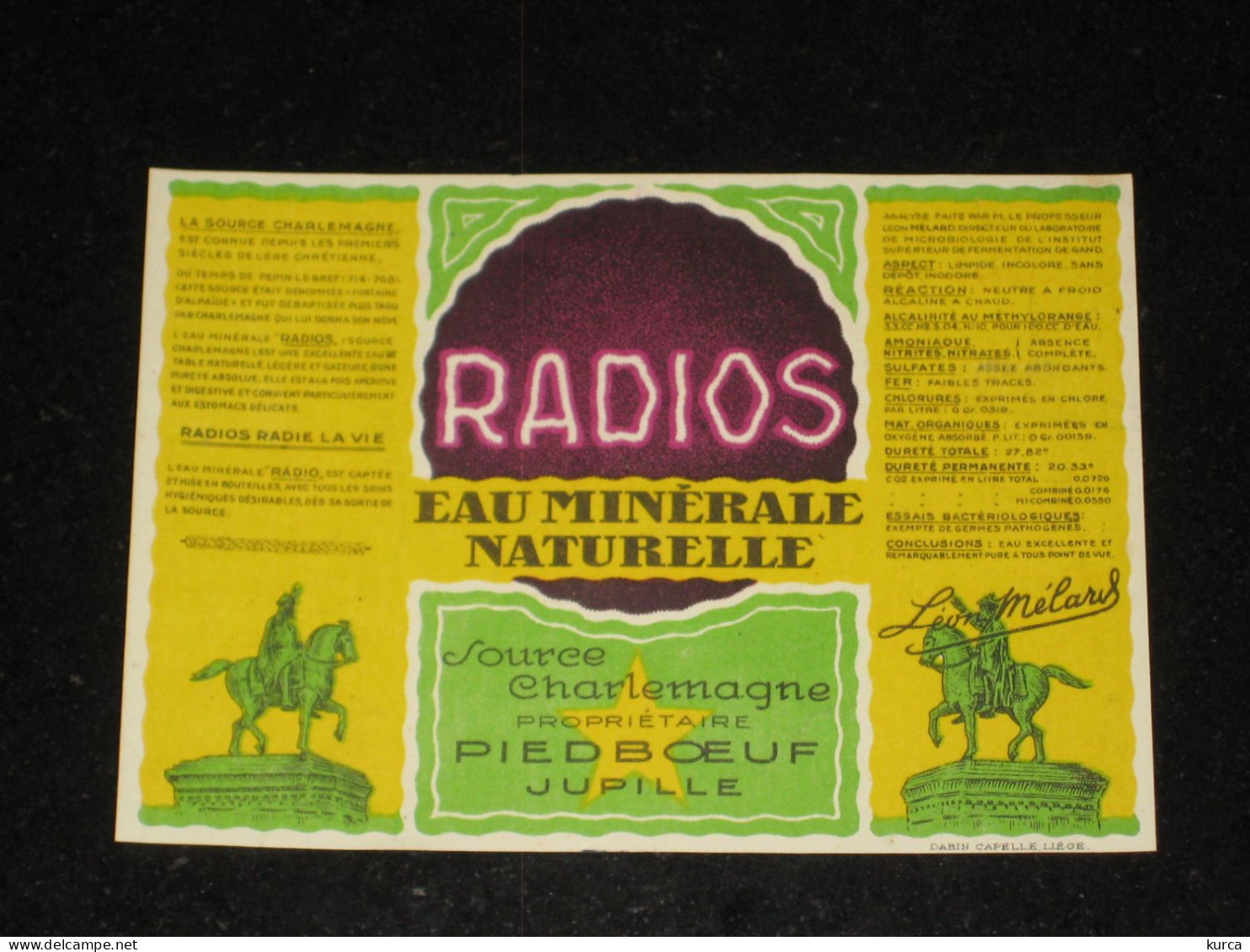 Etiquette RADIOS Brasserie PIEDBOEUF Jupille EAU Source Charlemagne - Birra