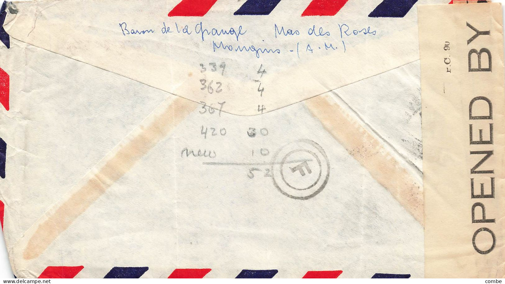 LETTRE. 3 4 1942. AFFRANCHISSEMENT COMPOSÉ. 16Fr. AIR MAIL. MONGIN ALPES MARITIMES. POUR NEW YORK. CENSURE MARQUE ET BAN - Guerre De 1939-45