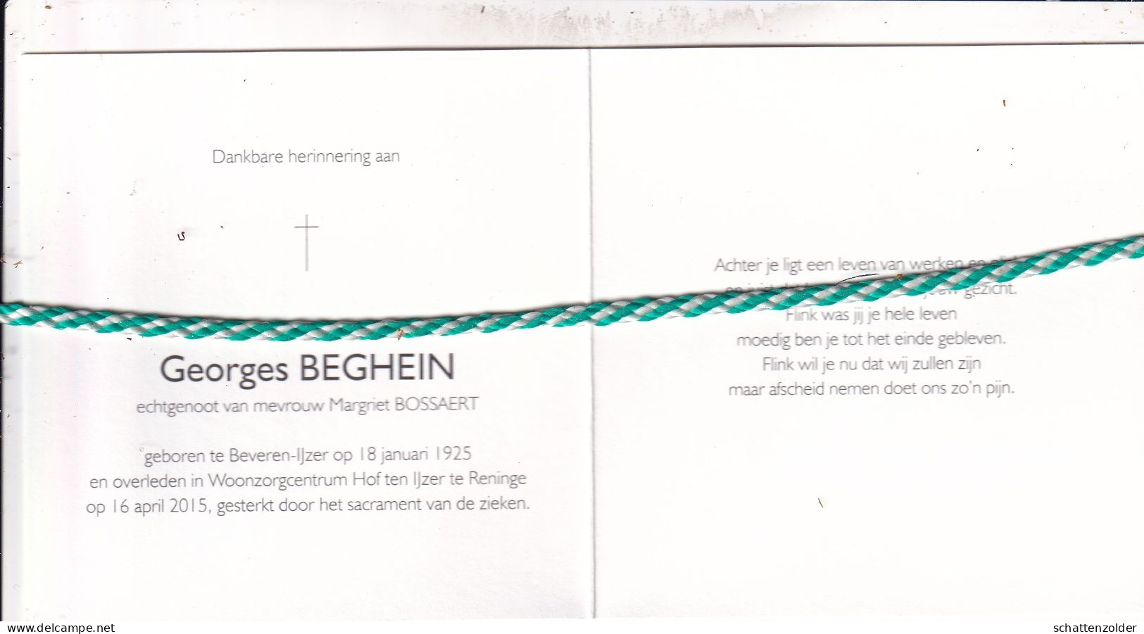 Georges Beghein-Bossaert, Beveren-IJzer 1925, Reninge 2015. Foto Paard - Todesanzeige