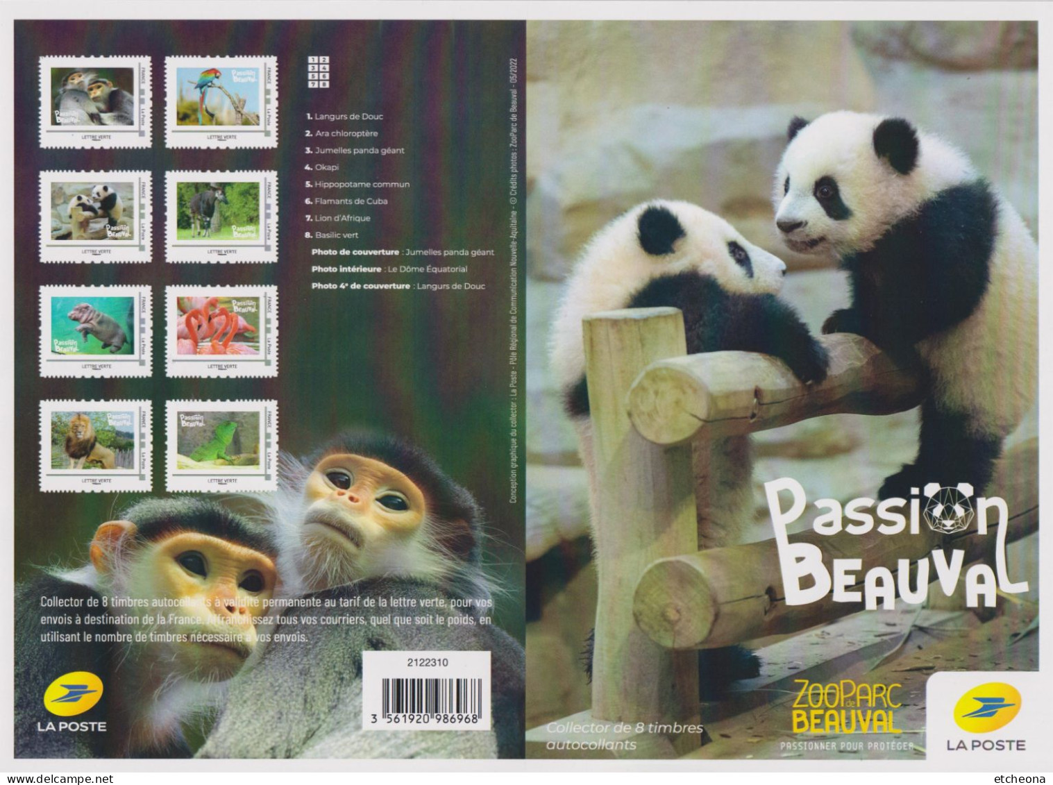 Collector 8 Timbres Adhésifs TVP LV Neuf Passion Beauval, Zoo Parc, Panda Okapi Ara Flamants Lion Basilic Hippopotame - Collectors