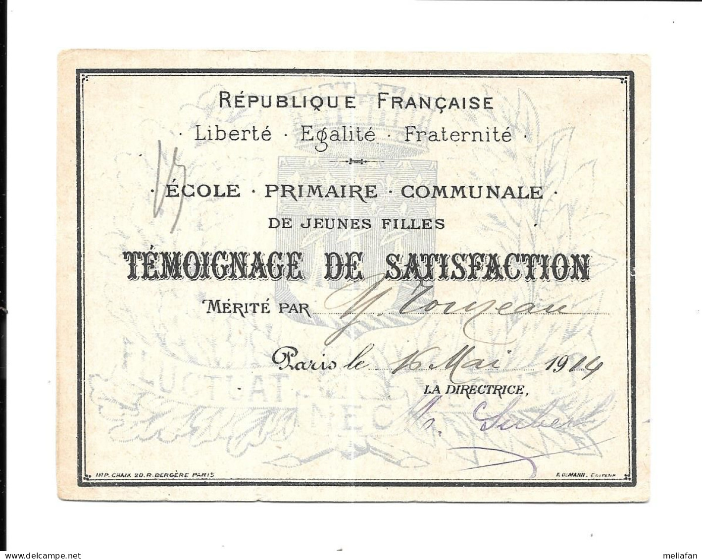 KB2106 - TEMOIGNAGE DE SATISFACTION - ECOLE PRIMAIRE COMMUNALE VILLE DE PARIS 1914 - TOINEAU - Diplômes & Bulletins Scolaires