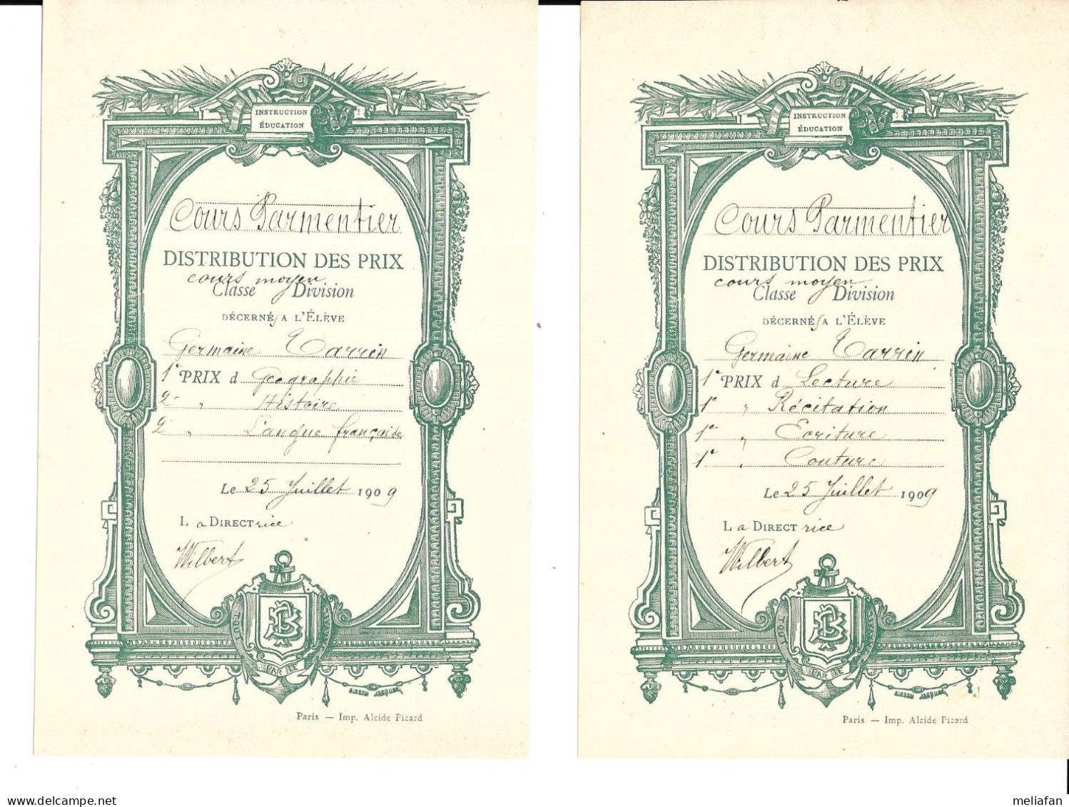 GF2173 - FEUILLET DISTRIBUTION DES PRIX - COURS PARMENTIER 1909 - GERMAINE TARRIN - Diploma's En Schoolrapporten