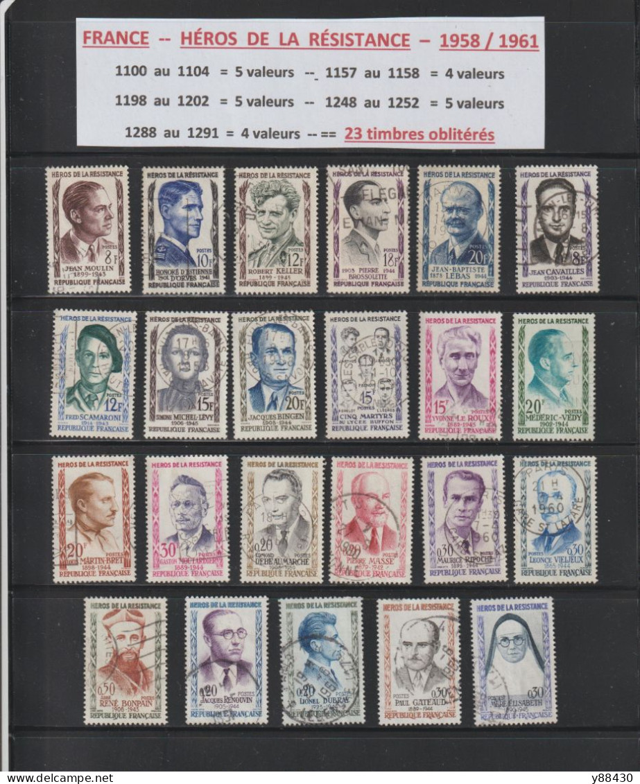 FRANCE - HÉROS DE LA RÉSISTANCE - Guerre De 1939/1945 - 23 Timbres Oblitérés De 1958 à 1961 - 2 Scan - WW2